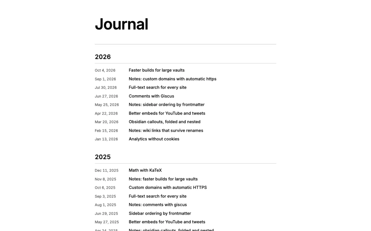 A compact archive: one line per post, the date in a column on the left and the title beside it, under a heading per year