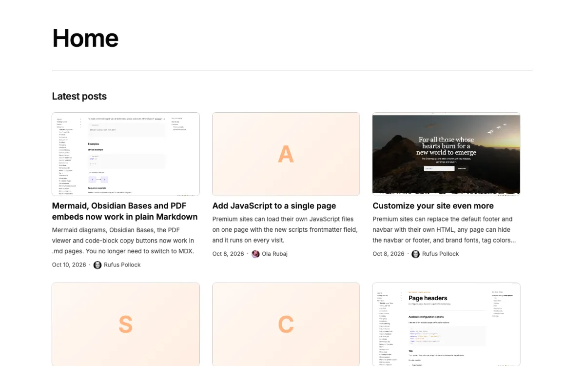 A grid of posts: a cover image, or a letter tile when a post has none, above each title, description, date and authors
