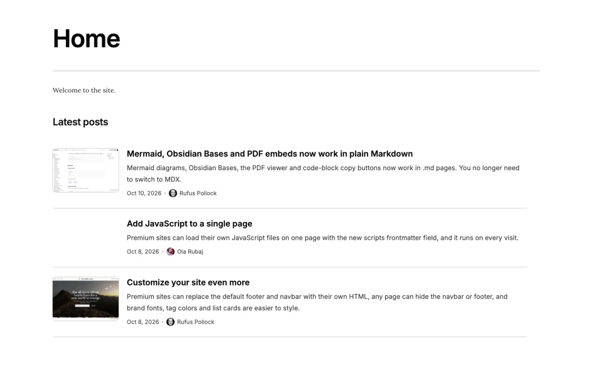 A home page with the three latest posts under a "Latest posts" heading