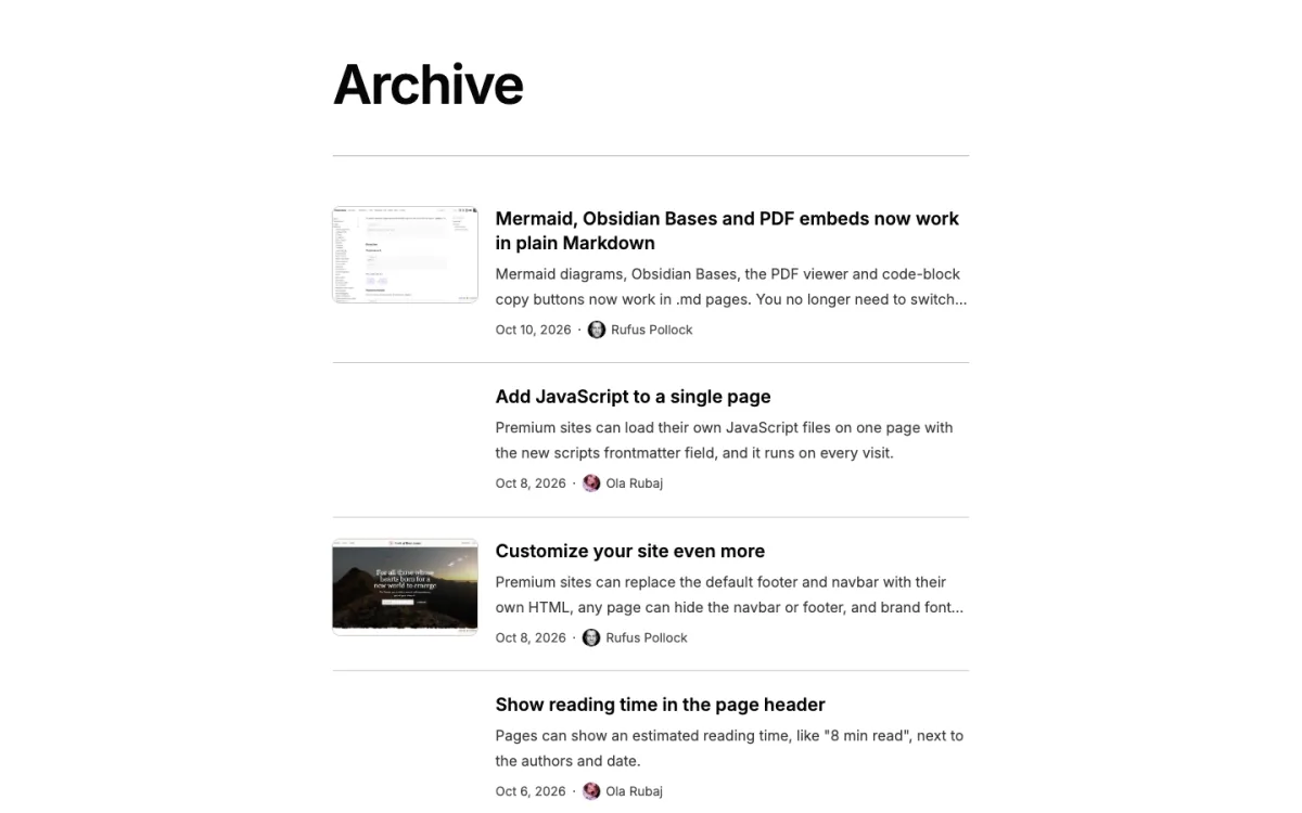 A layout: list page: title, intro, then the posts with thumbnails on the left