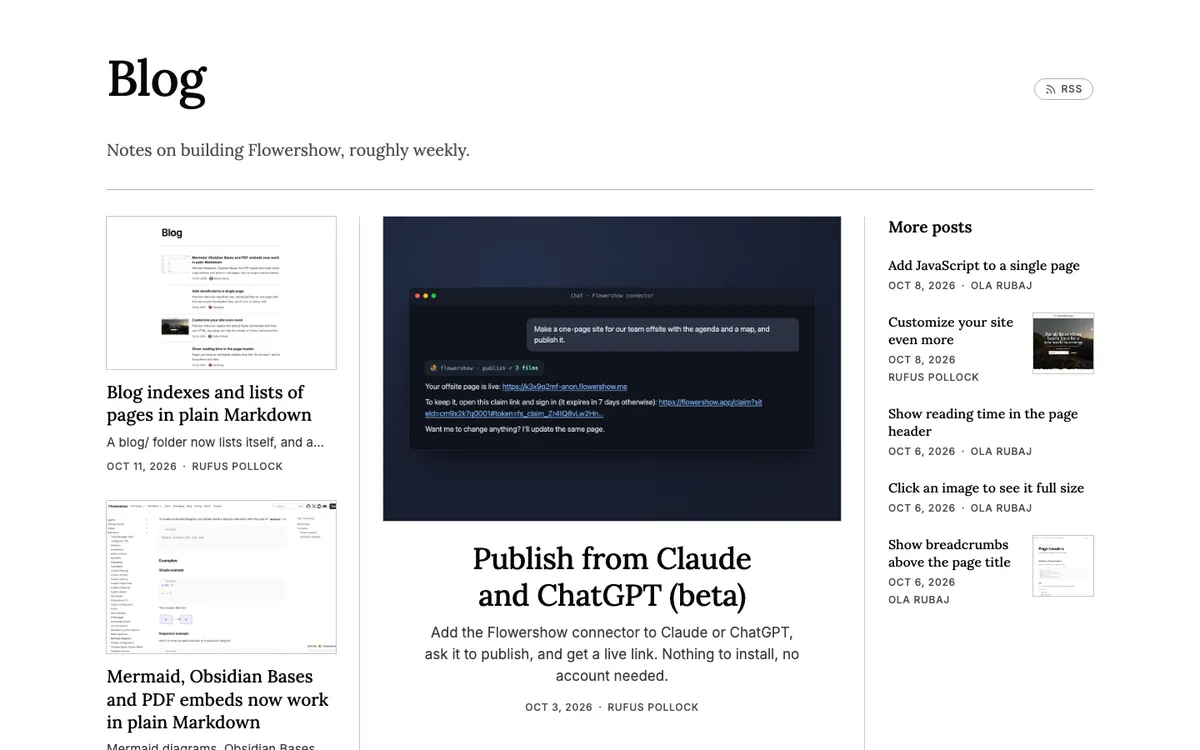 A magazine front page: two stories with large images on the left, a hero post with a big serif title in the middle, a More posts column with small square thumbnails on the right, separated by thin rules