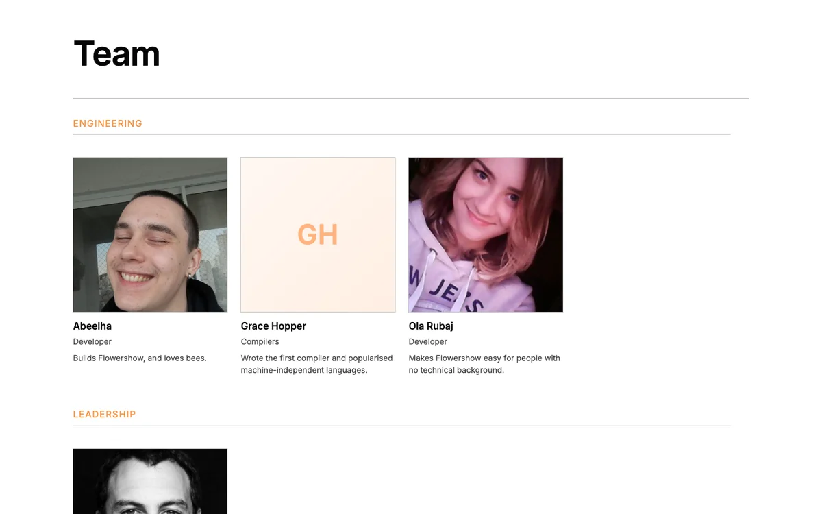 A team page: square portraits with name, role and a short bio under each, grouped under Engineering and Leadership headings; a person without a photo gets their initials